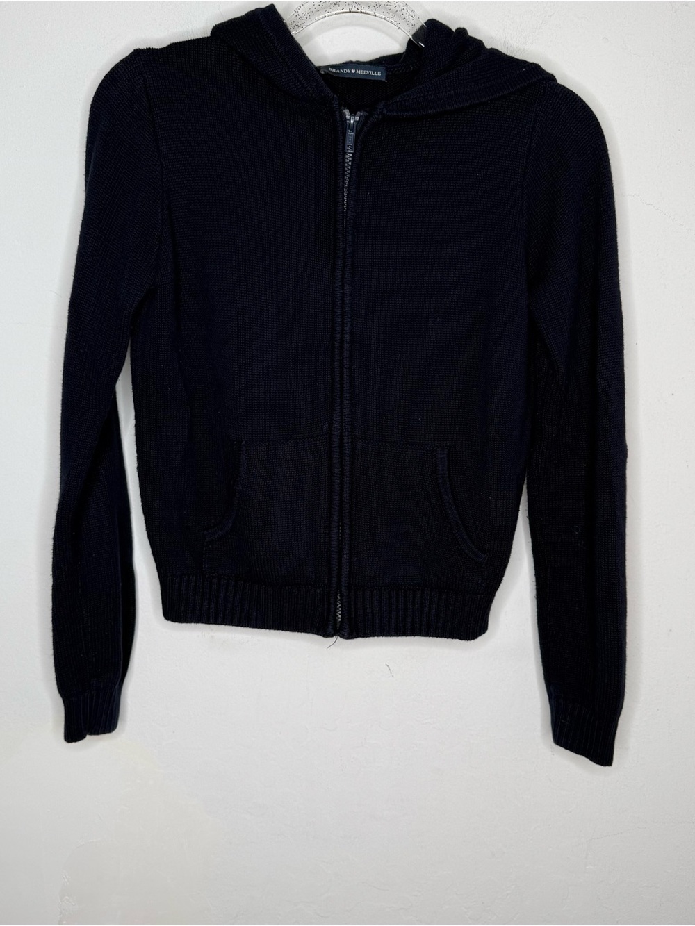 Brandy Melville Navy Knit Zip Up Hoodie Sweater Hooded Cropped XS S Cozy Soft